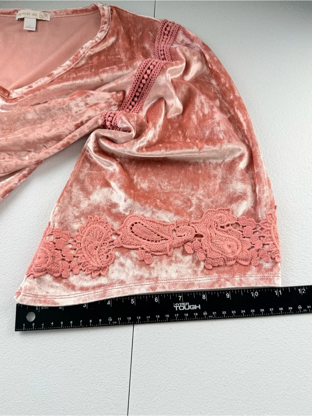 Westport 1962 Crushed Velvet Lace Trim Bell Sleeve Top Dusty Rose Pink L